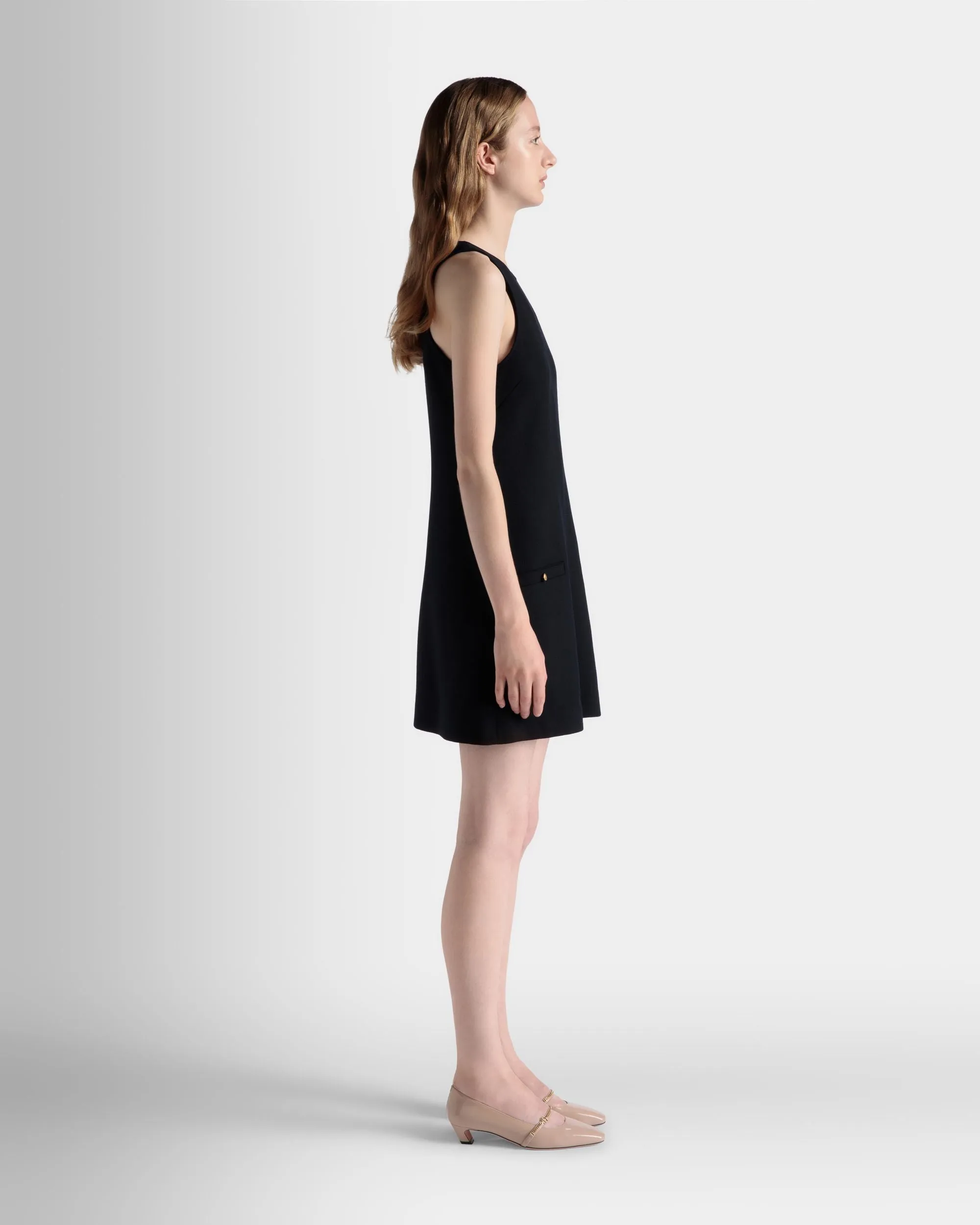 A-Line Mini Dress In Navy Blue Wool 