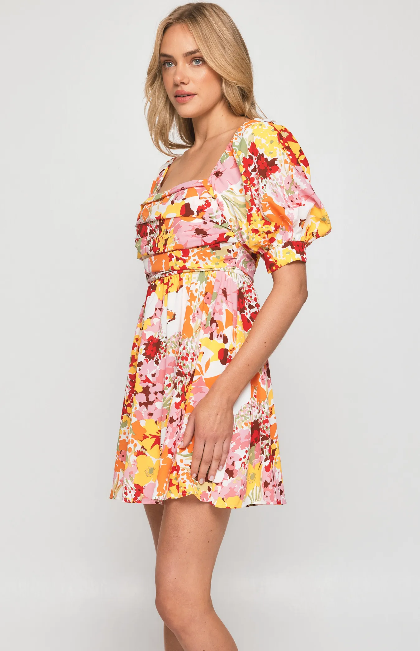 Abstract Print Dress with Pleated Bodice Detail (WDR501A)