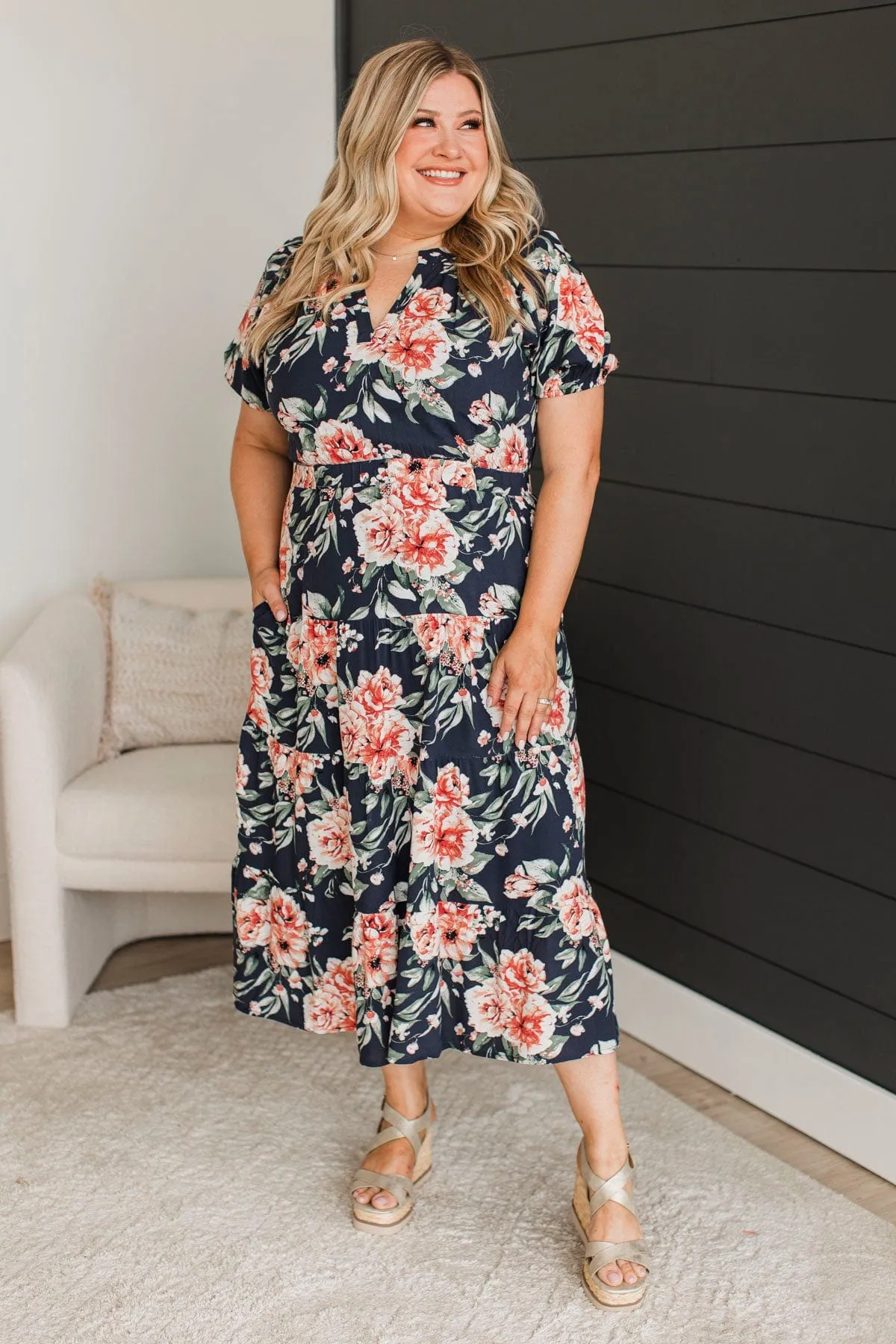 All I'm looking For Floral Midi Dress- Dark Navy