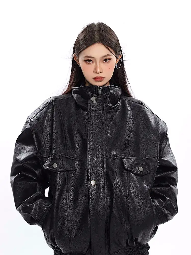 Ashore Shop Spring Autumn Oversized Cool Windproof Thick Black Pu Leather Jacket Women Zip Up Luxury Designer Unisex Clothes 202