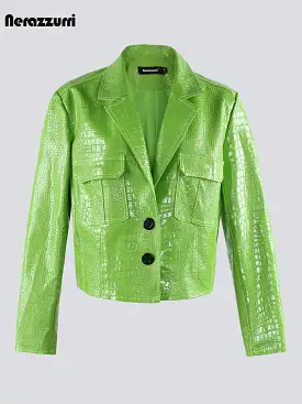 Autumn Short Cool Green Black Hard Shiny Crocodile Print Patent Pu Leather Jacket Women Long Sleeve Y2K Clothes 2023