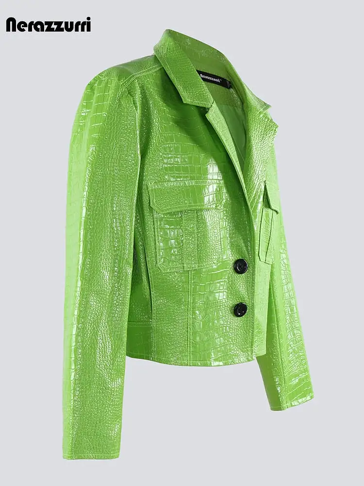 Autumn Short Cool Green Black Hard Shiny Crocodile Print Patent Pu Leather Jacket Women Long Sleeve Y2K Clothes 2023