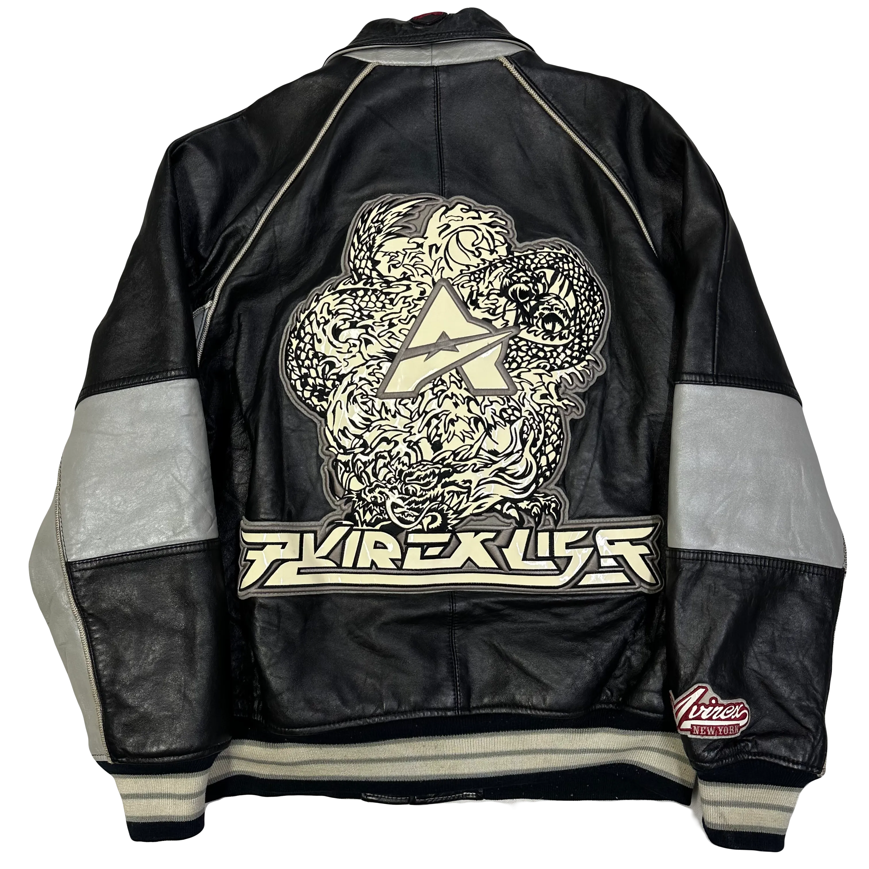 Avirex Spellout Dragon Leather Jacket In Black & Grey ( M )