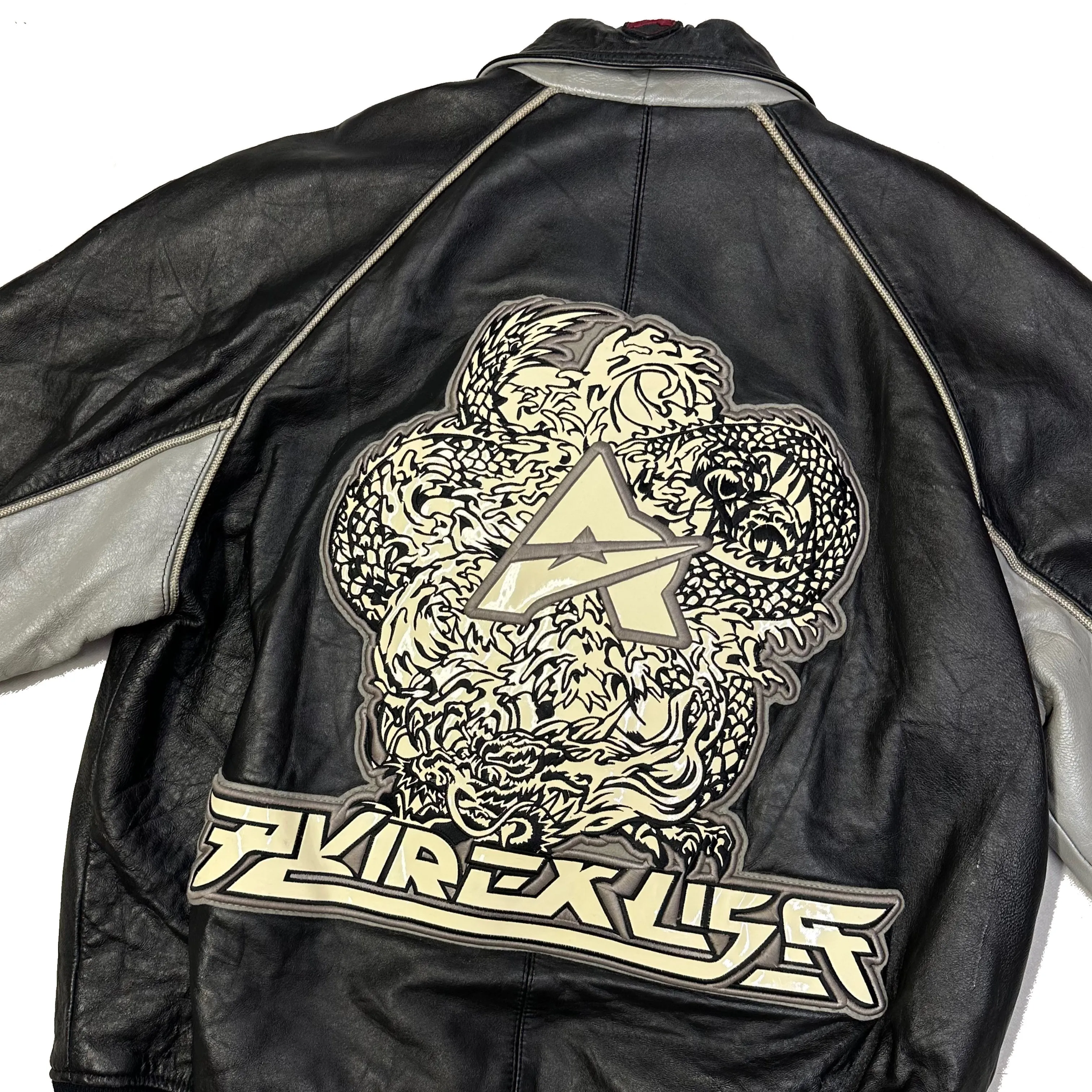 Avirex Spellout Dragon Leather Jacket In Black & Grey ( M )