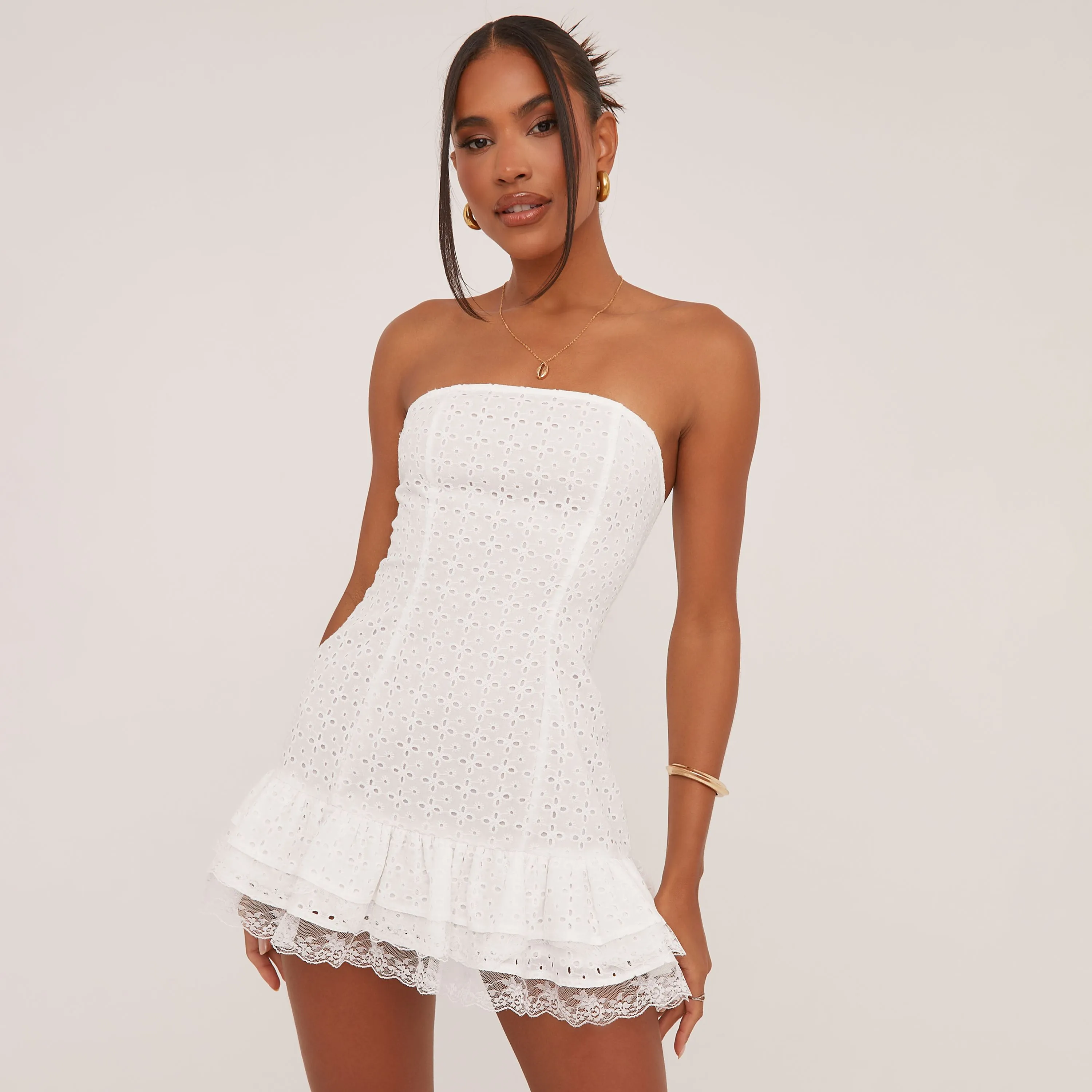 Bandeau Frill Hem Broderie Mini Dress In White