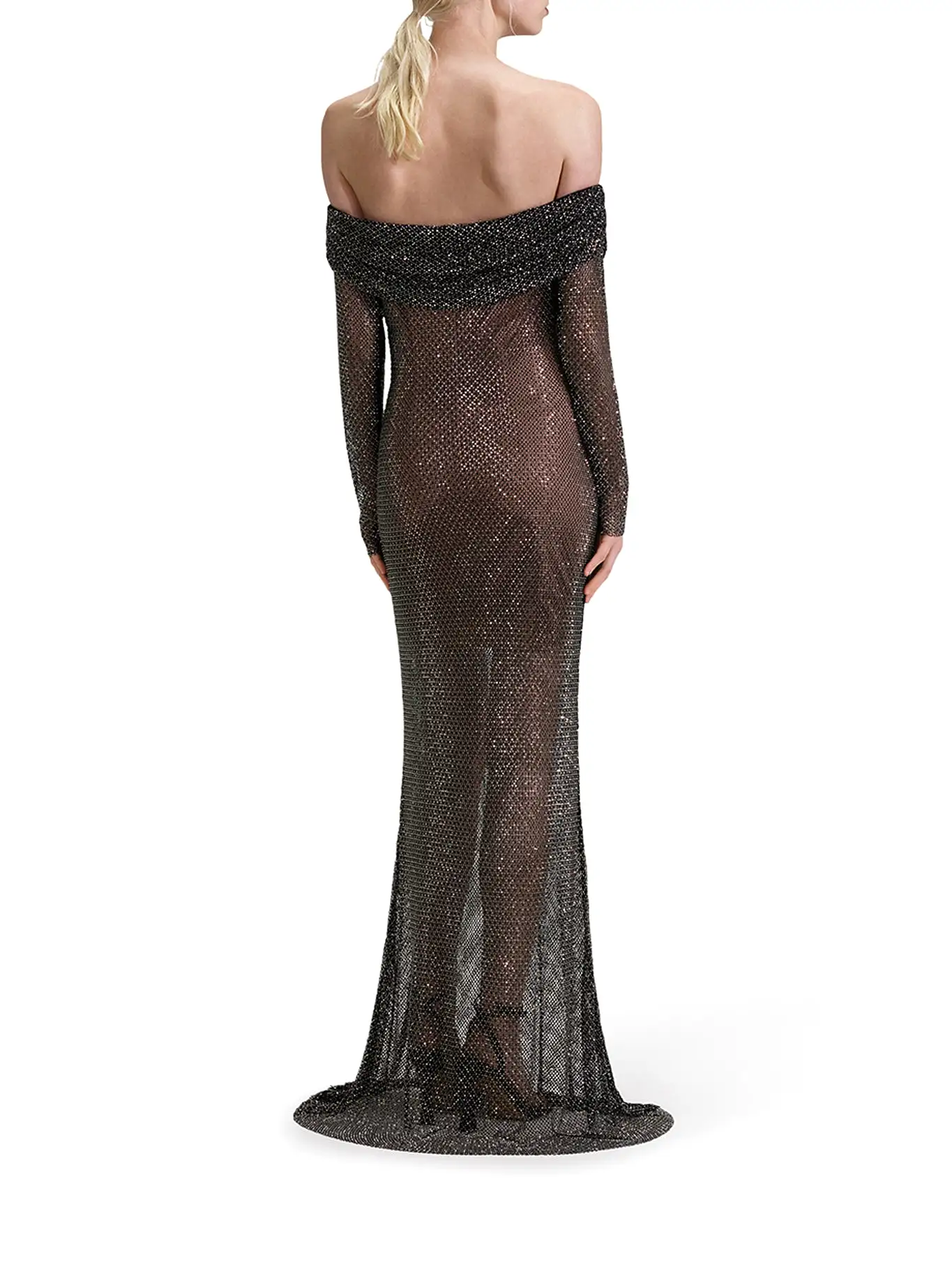 BLACK RHINESTONE FISHNET MAXI DRESS