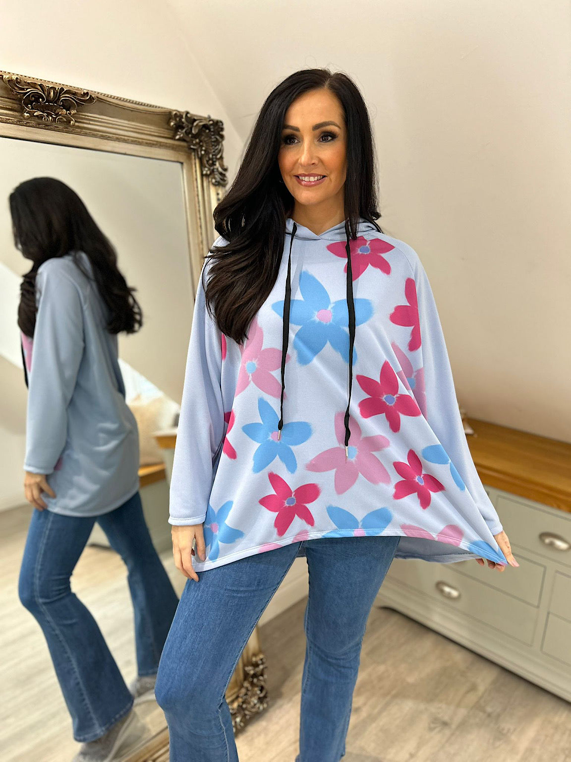 Blue Flower Printed Hoodie Frances