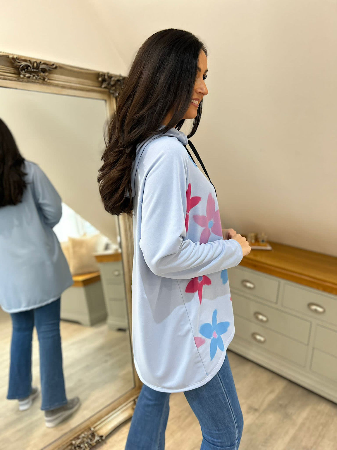 Blue Flower Printed Hoodie Frances