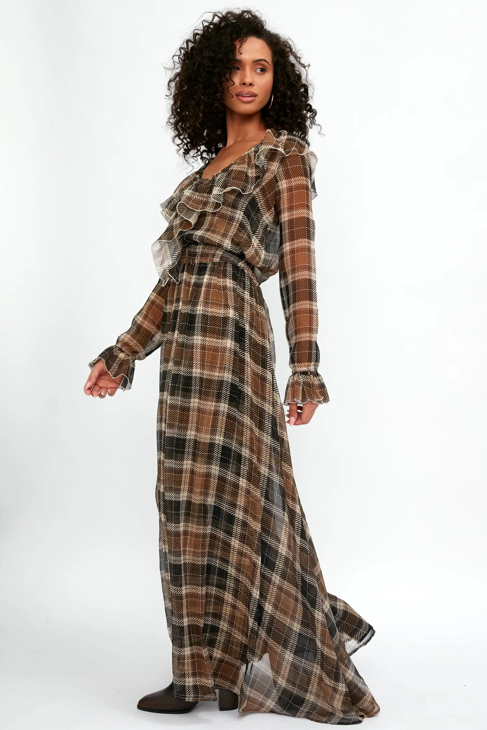 Calla Silk Maxi Dress in Tartan Nocciola