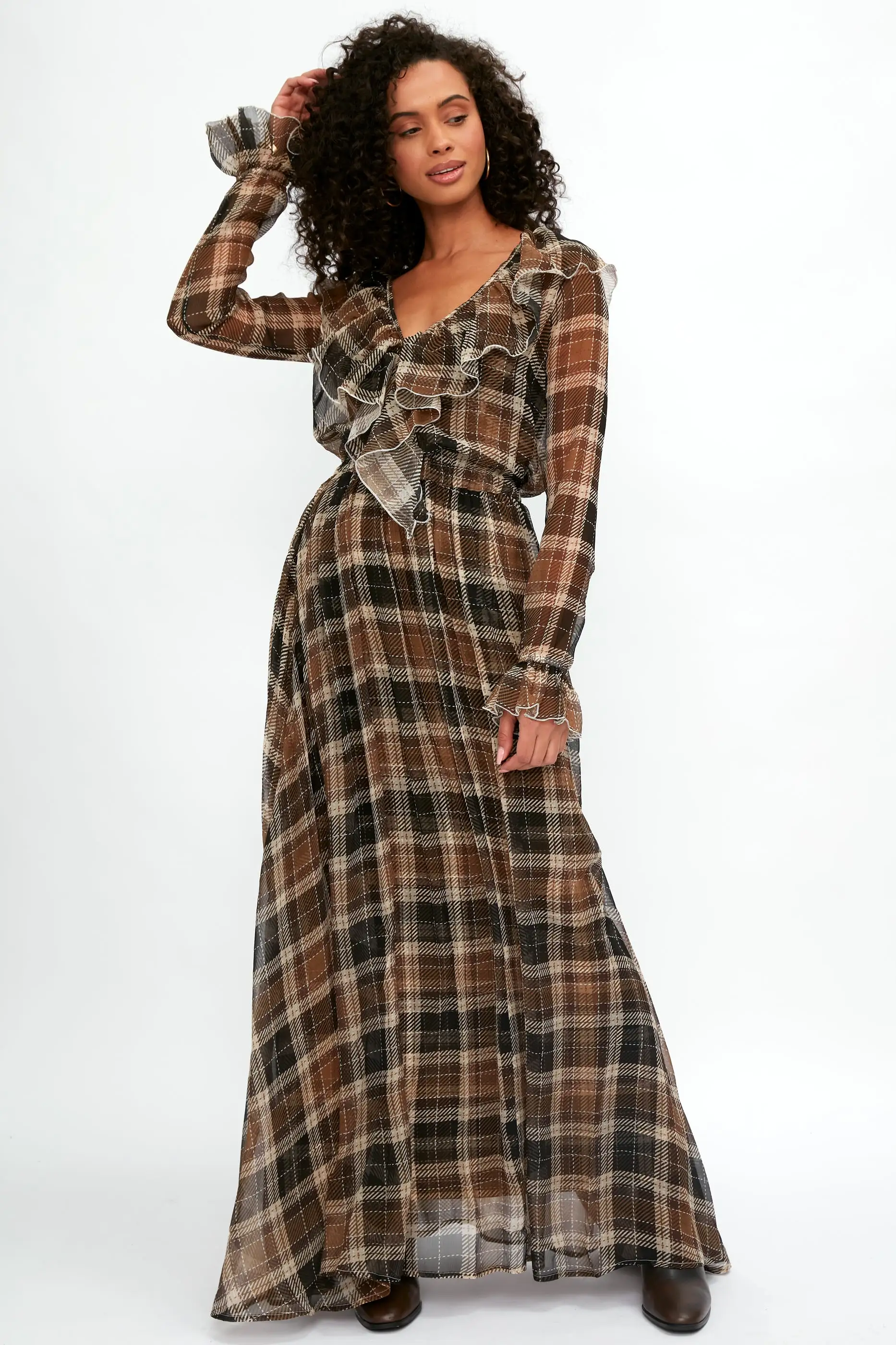 Calla Silk Maxi Dress in Tartan Nocciola