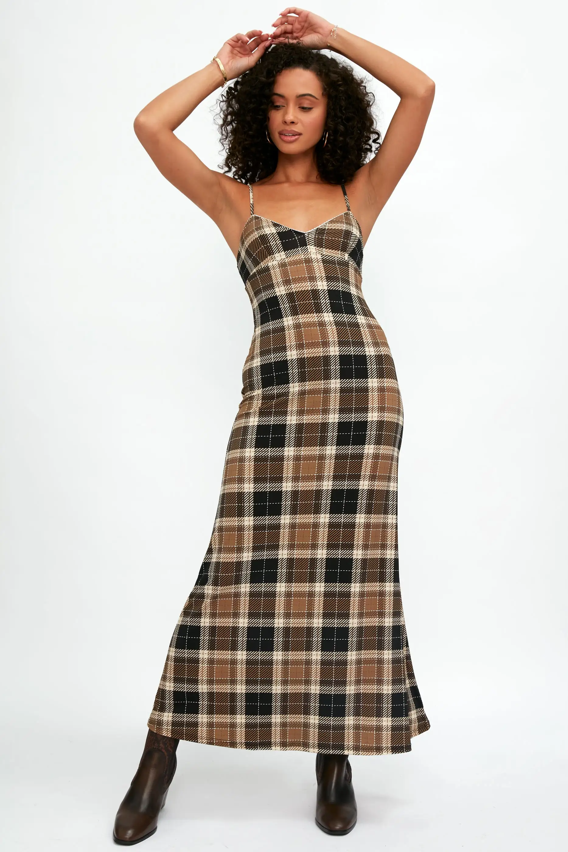 Calla Silk Maxi Dress in Tartan Nocciola