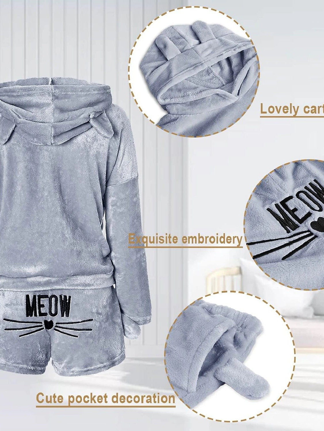 Cat Lover's Cozy Fleece Loungewear Set with Hoodie and Shorts