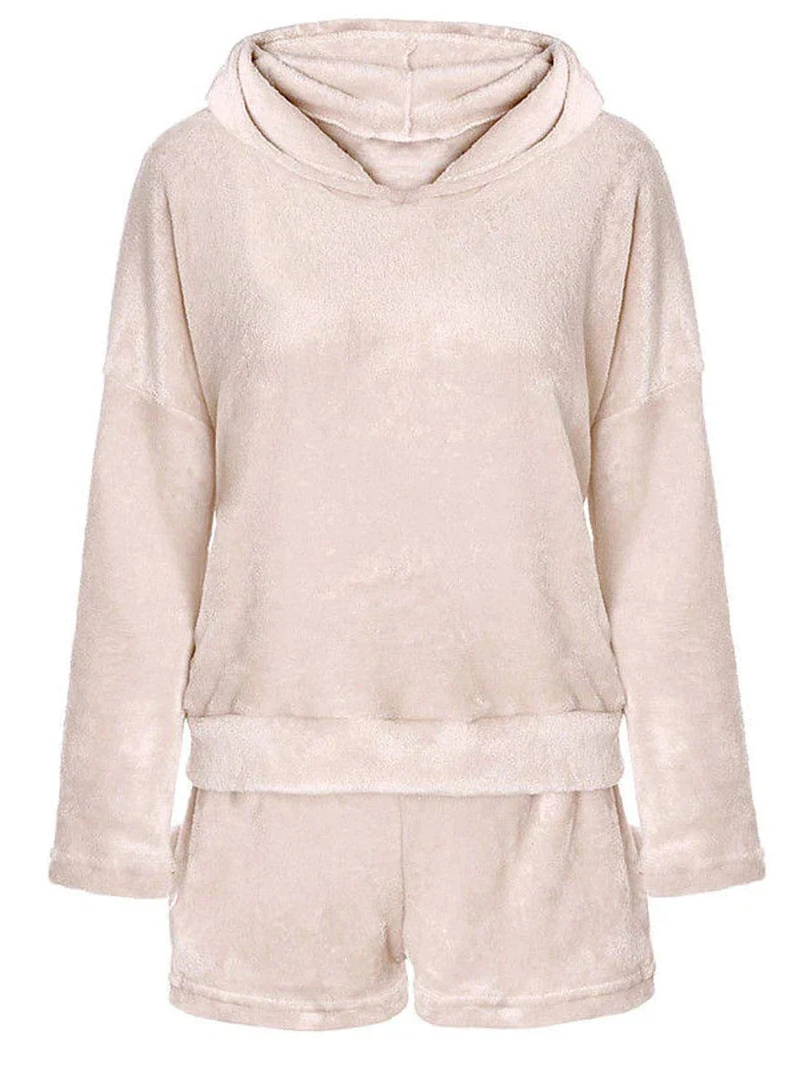 Cat Lover's Cozy Fleece Loungewear Set with Hoodie and Shorts