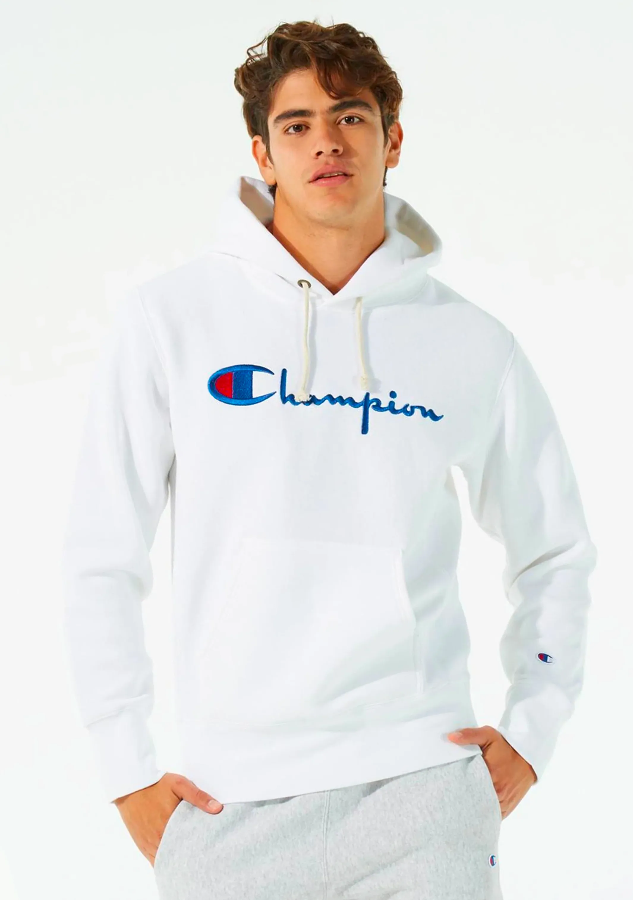 Champion Reverse Weave Embroidered Mens Script Logo Hoodie White <br> AXJWN WIT