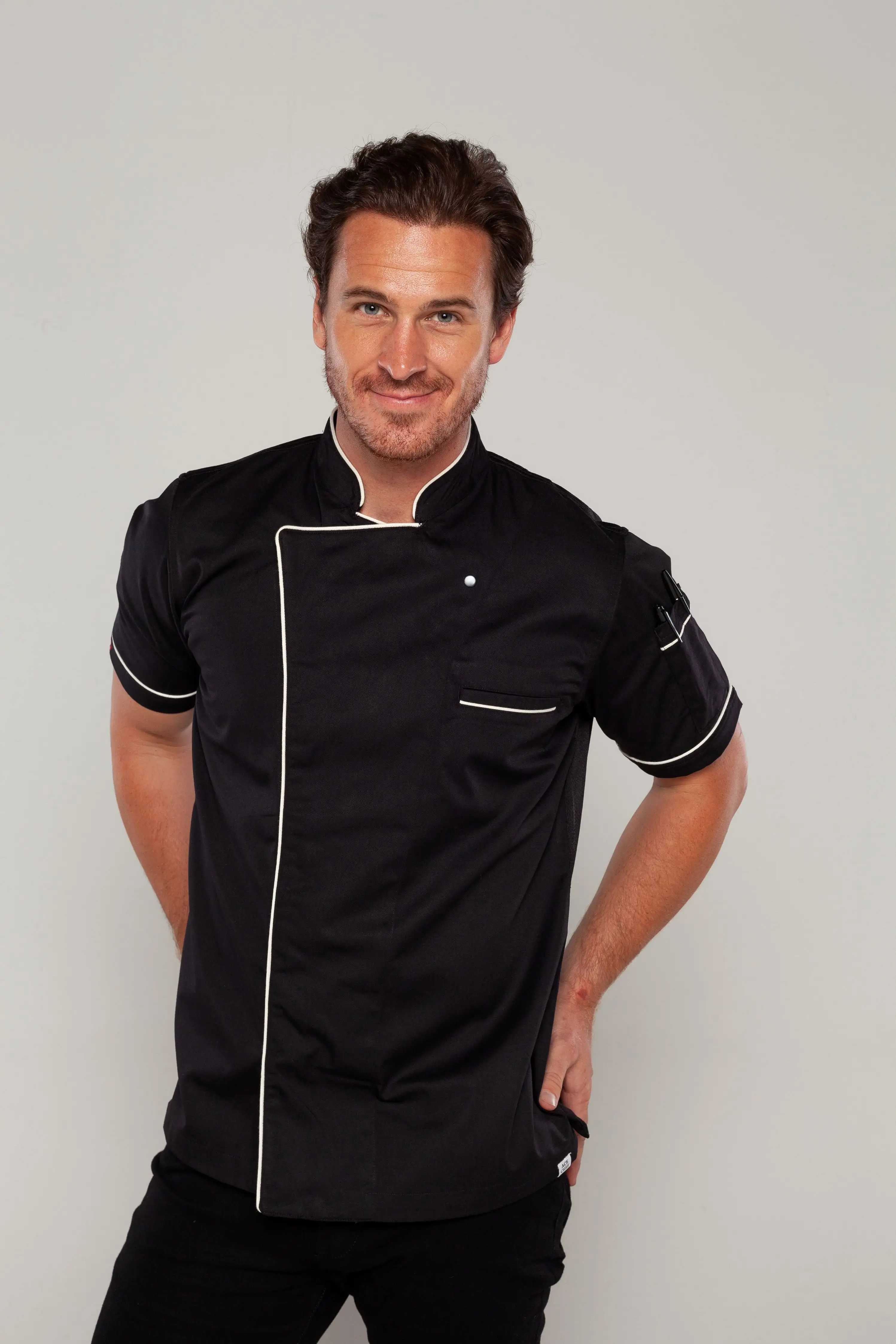 Chef jacket black with white trim and coolvent Bridge