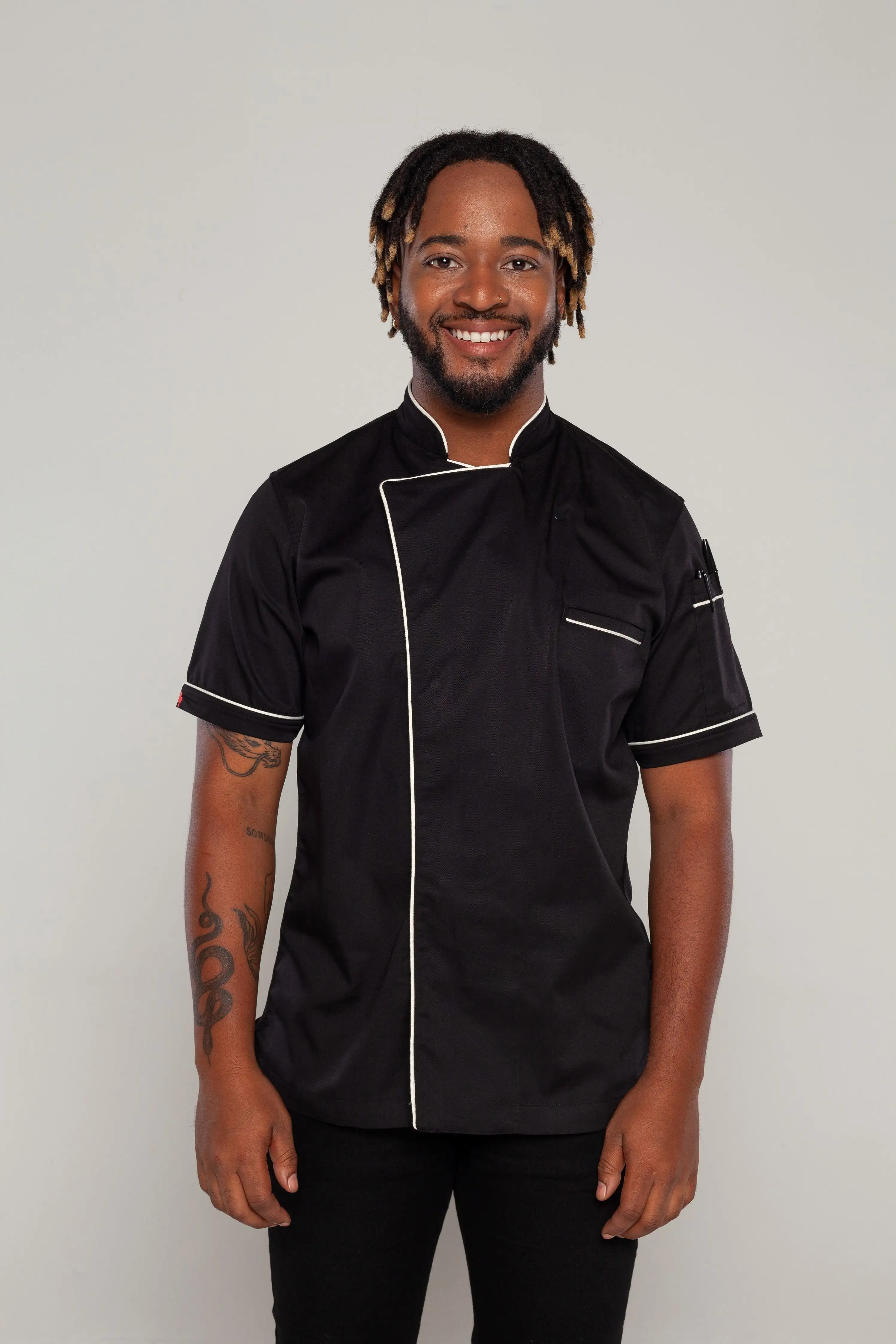 Chef jacket black with white trim and coolvent Bridge