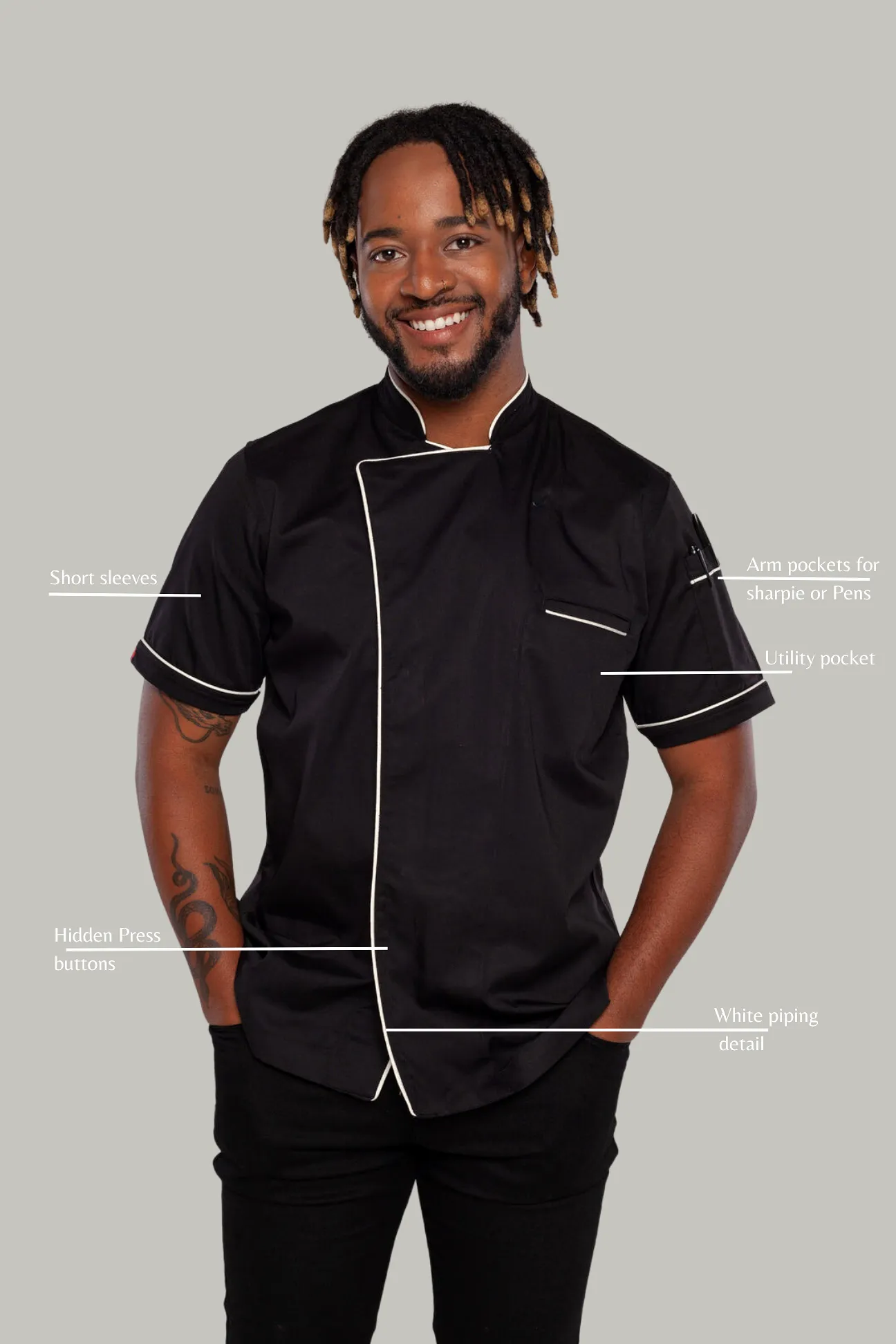 Chef jacket black with white trim and coolvent Bridge