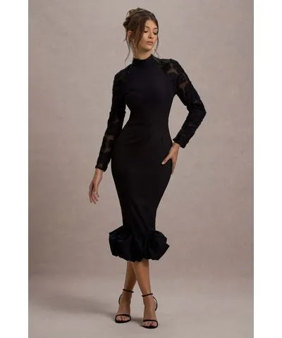 Club L London - USA Chandra | Black Mesh Long-Sleeve Midi Dress With Ruffle Hem