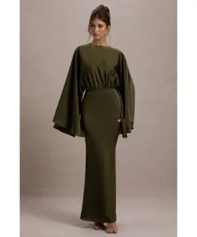 Club L London - USA Zuzanna | Khaki Draped Maxi Dress With Cape Sleeves