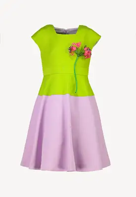 Color Block Flower Adornment Midi Dress