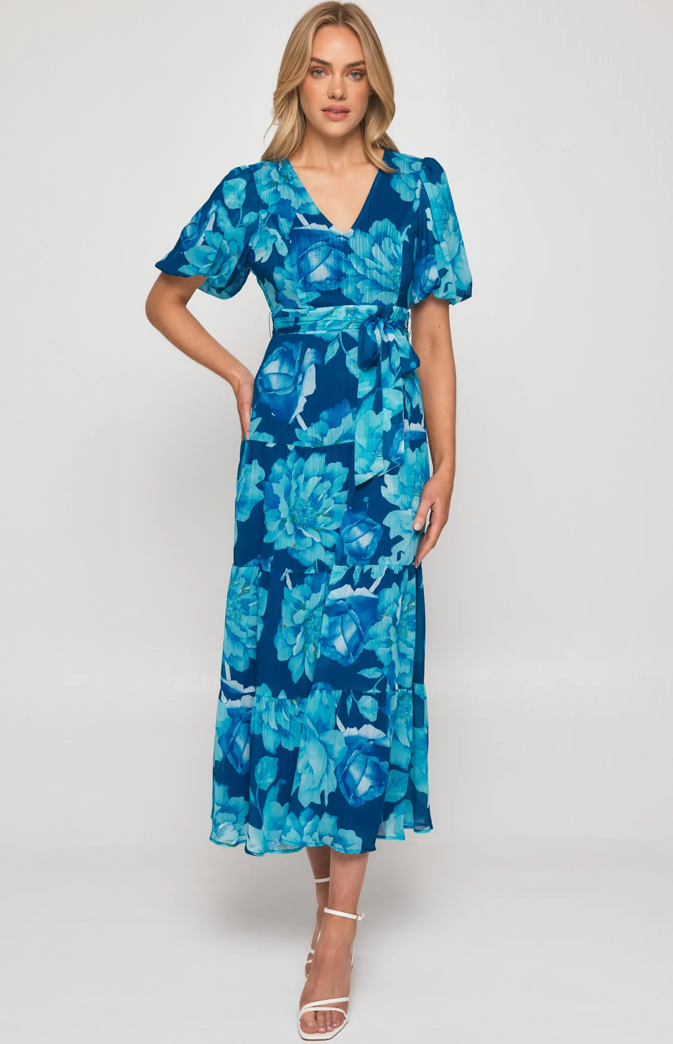 Contrast Floral Print Midi Dress with Tiered Hem (SDR1288B)