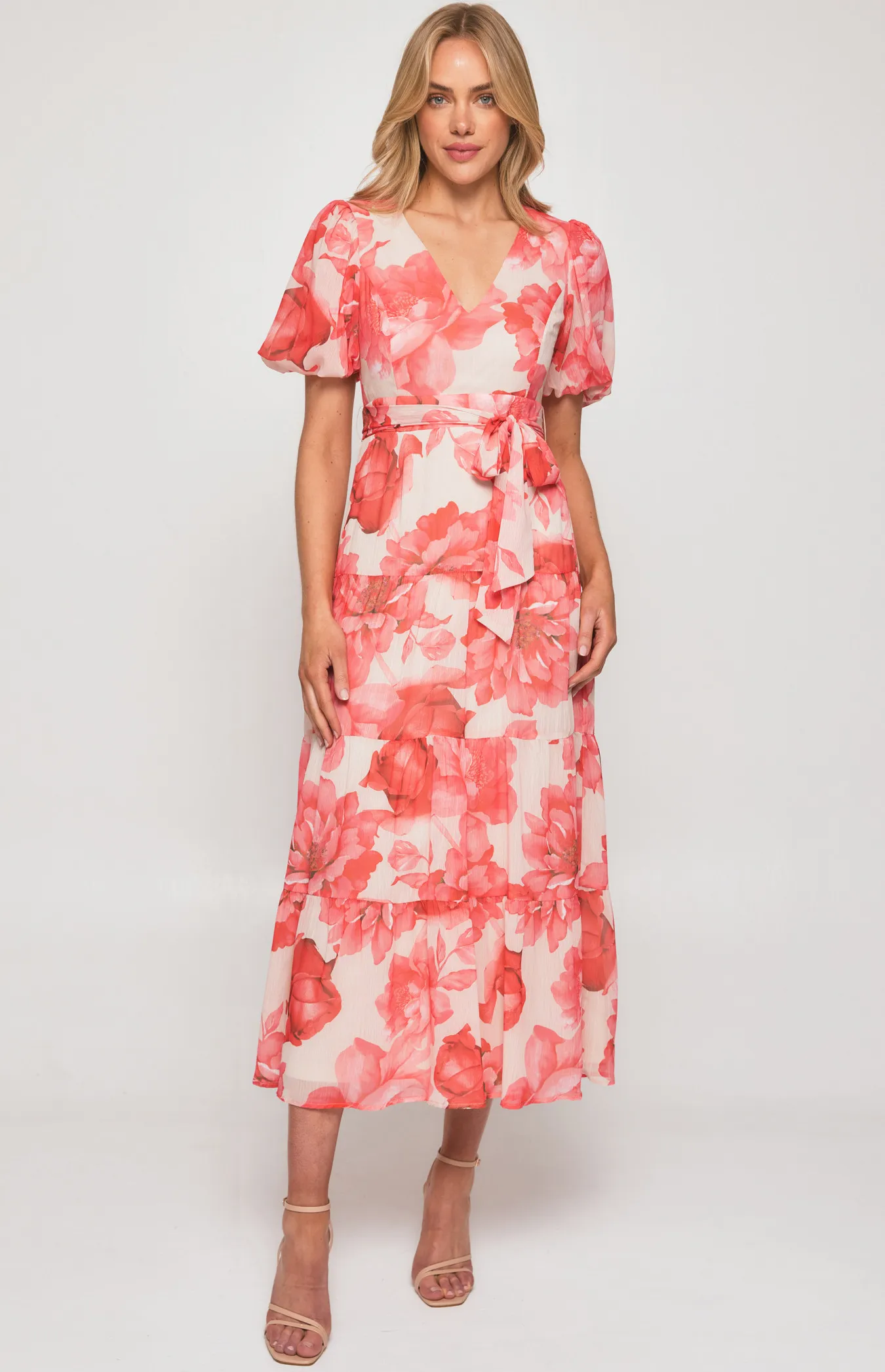 Contrast Floral Print Midi Dress with Tiered Hem (SDR1288B)