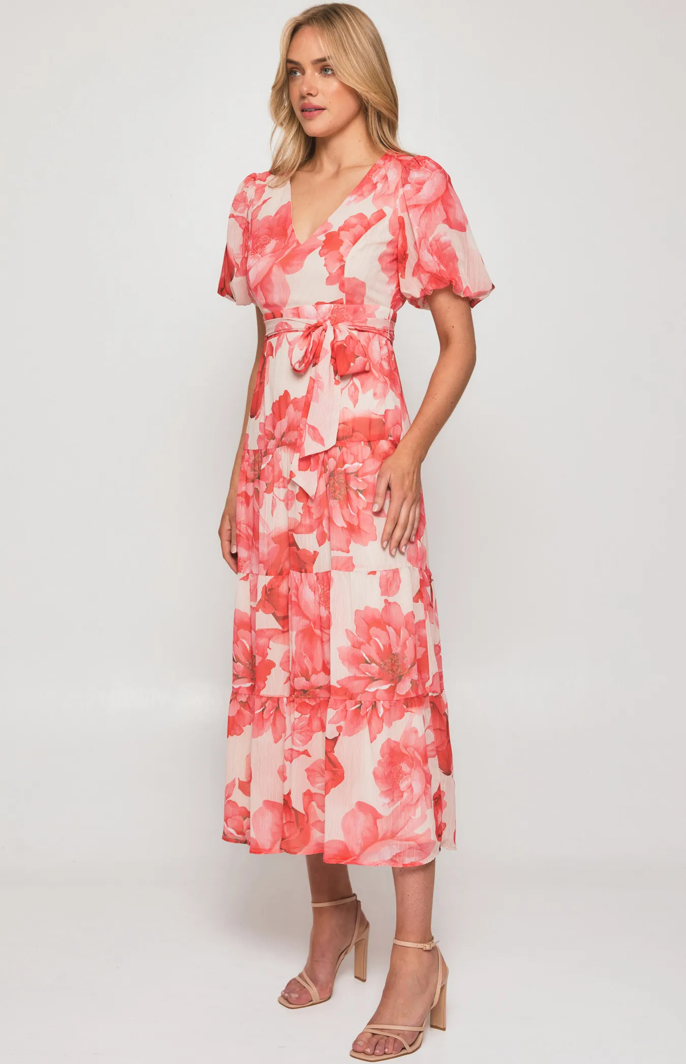 Contrast Floral Print Midi Dress with Tiered Hem (SDR1288B)