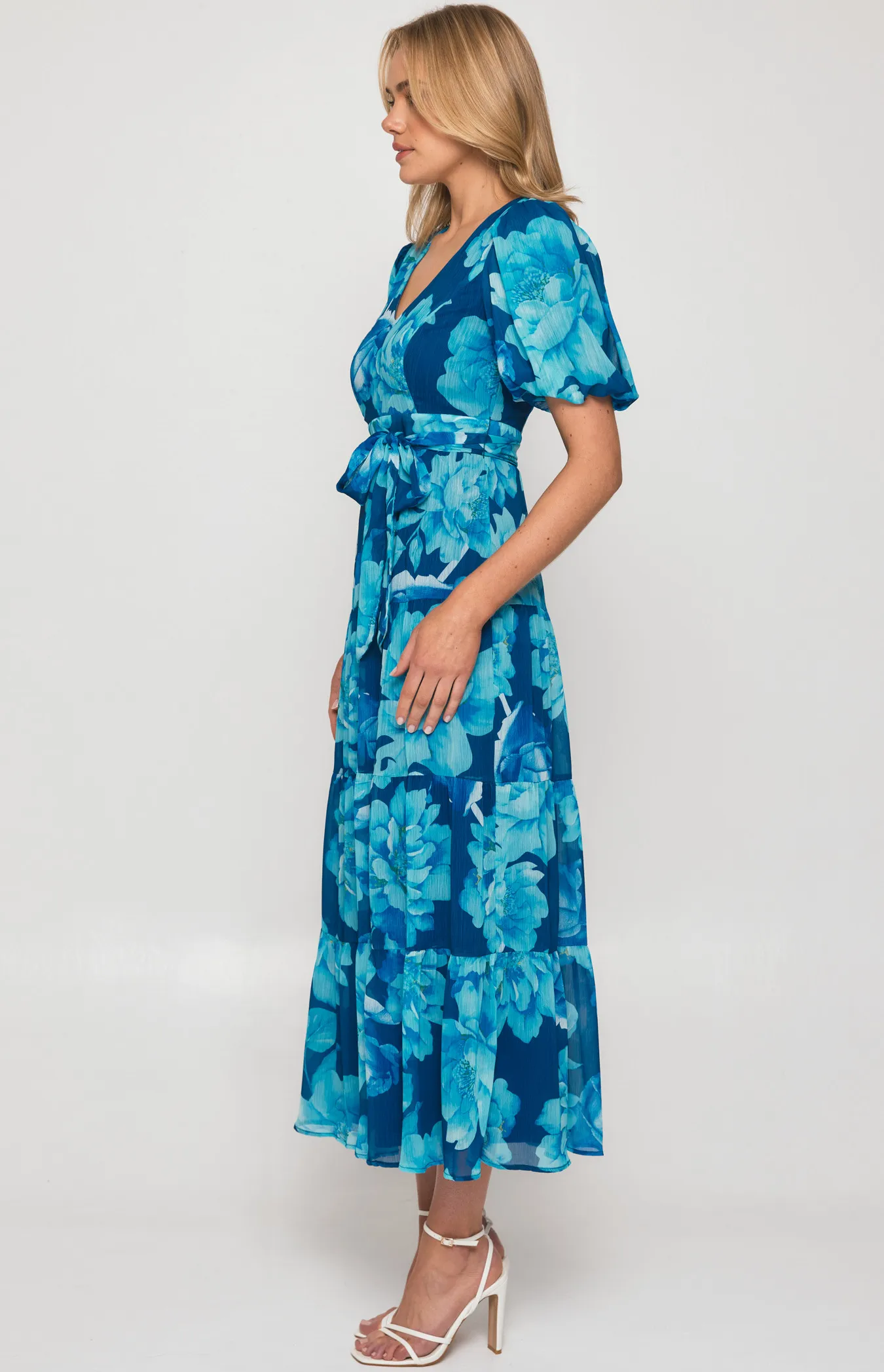 Contrast Floral Print Midi Dress with Tiered Hem (SDR1288B)