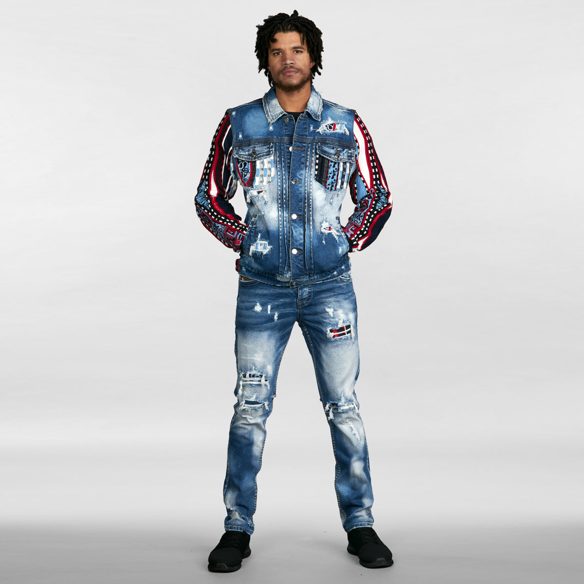 COOGI NATIVE BLUES (MIXED-MEDIA SWEATER PIECED) DENIM JEANS