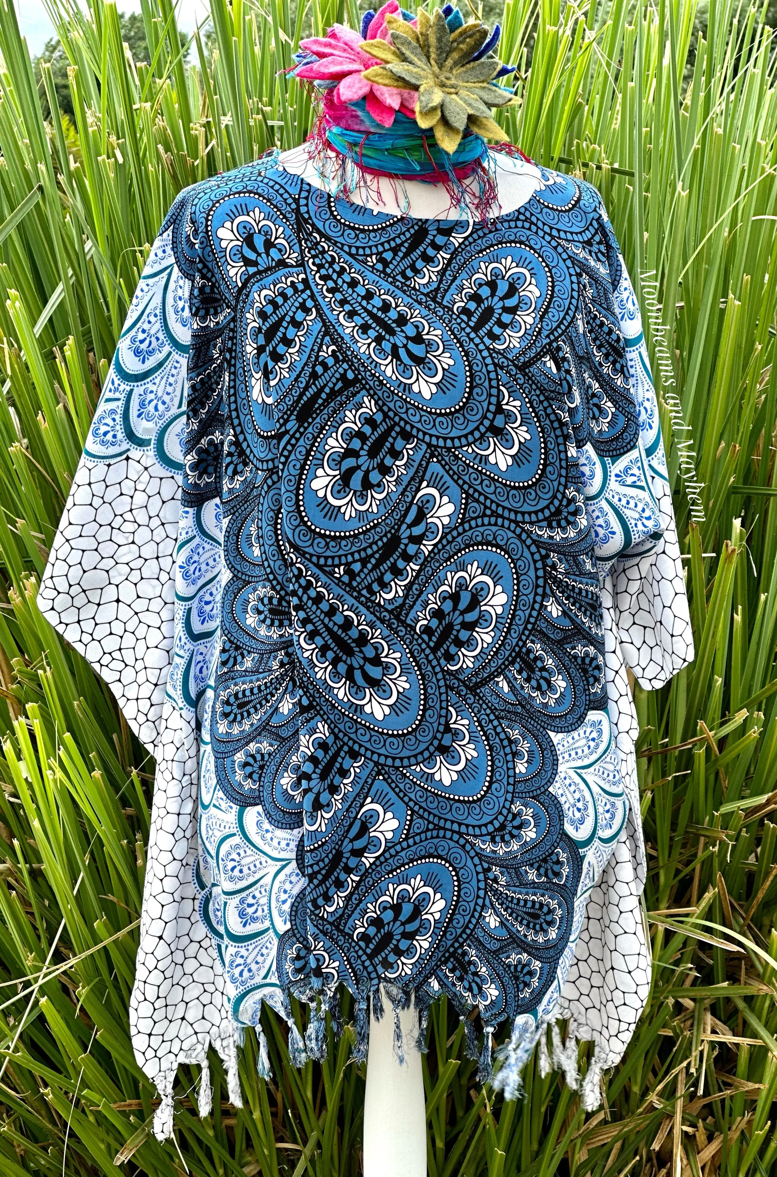 DELICIOUS BLUE MIX TASSELED KAFTAN / TUNIC  REG - 4XL