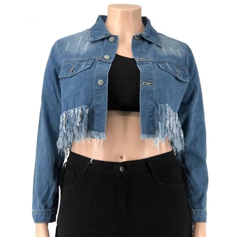 Distressed Fringe Tassel Single-Breasted Cropped Jean Jacket for Women