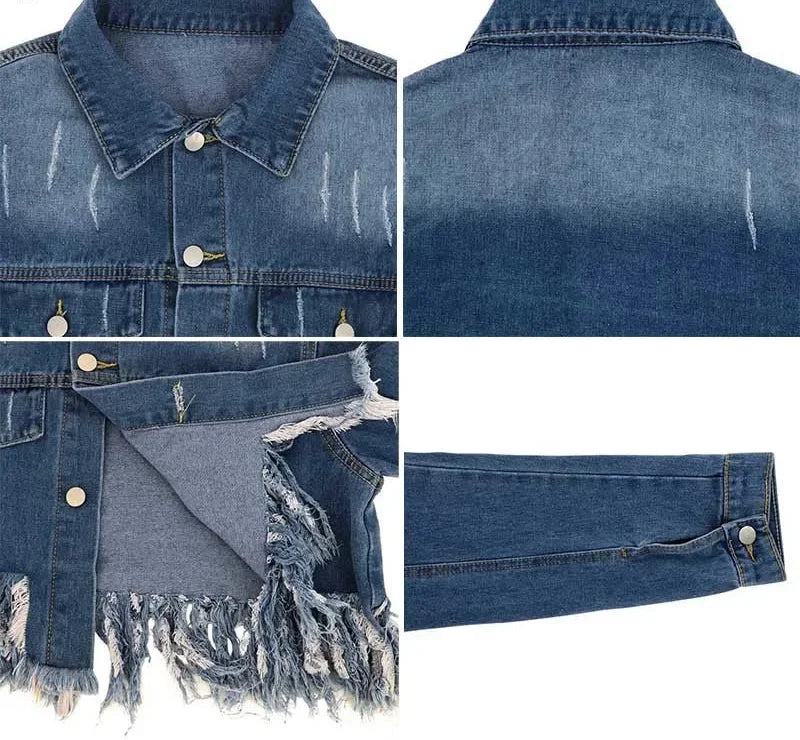 Distressed Fringe Tassel Single-Breasted Cropped Jean Jacket for Women