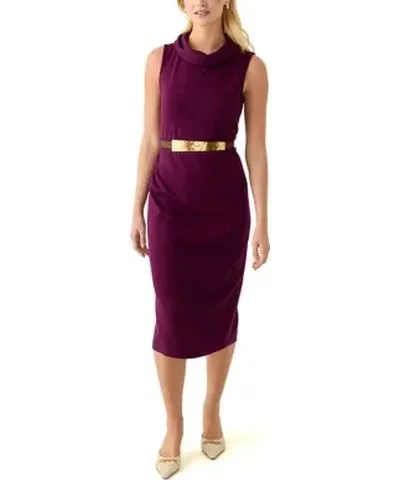 Donna Karan Women's Sleeveless Cowl Neck Solid Belted Midi Dress