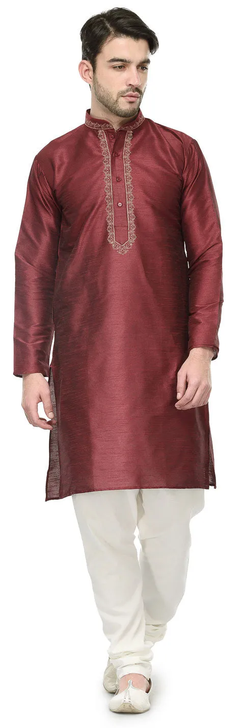 Dupion Silk Mens Party Wear Kurta Pyjama Indian Clothes (Maroon)