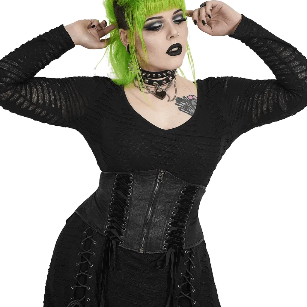 Edgy Black Gothic Corset Belt with Lace-Up Details