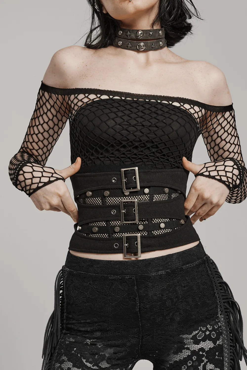 Edgy Lace-up Corset Belt with Mesh and Buckle Details