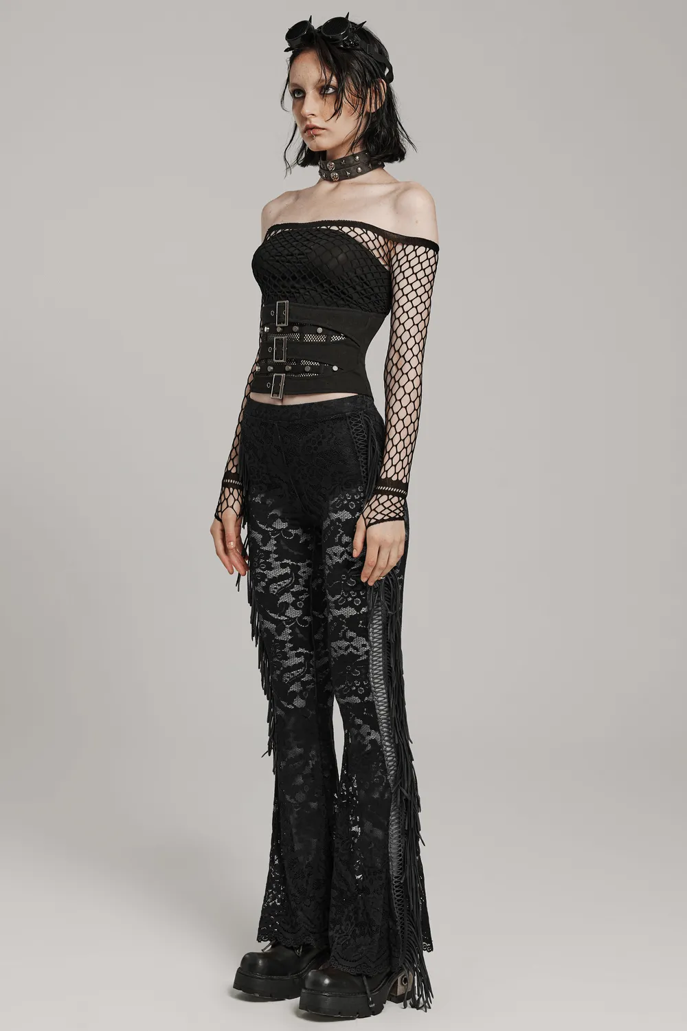 Edgy Lace-up Corset Belt with Mesh and Buckle Details