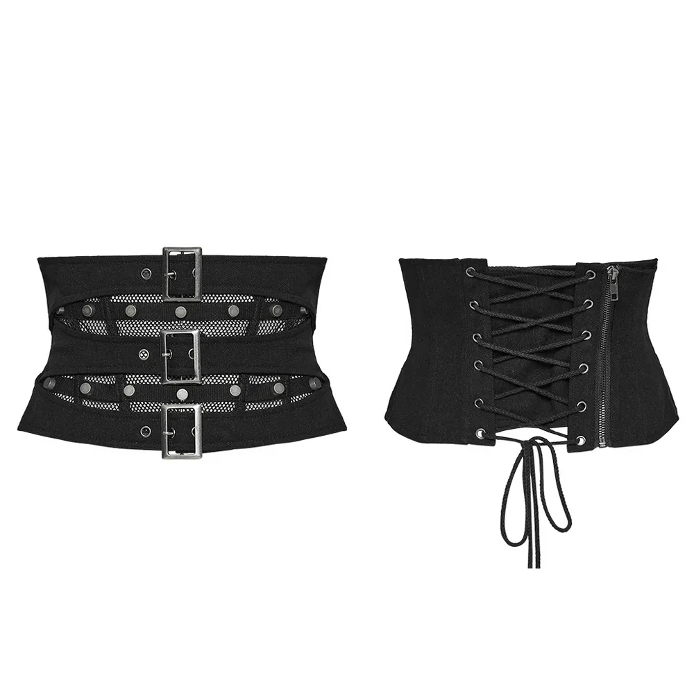 Edgy Lace-up Corset Belt with Mesh and Buckle Details