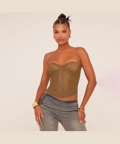 EGO Bandeau Structured Detail Corset Top In Khaki Lace