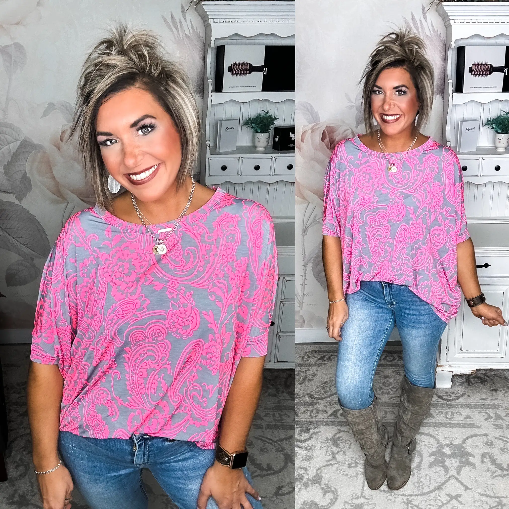 Feeling Free Tunic Top - Grey/Pink