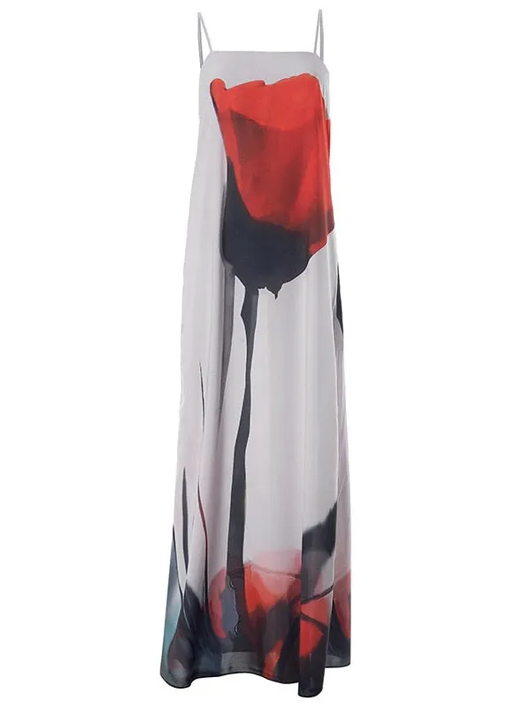 Flowing Maxi Dresses 2023 Summer Spaghetti Strap Floral Print Maxi Dress