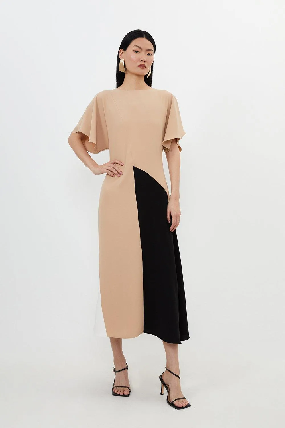 Fluid Tailored Colour Block Panel Full Skirted Midi Dress | Karen Millen