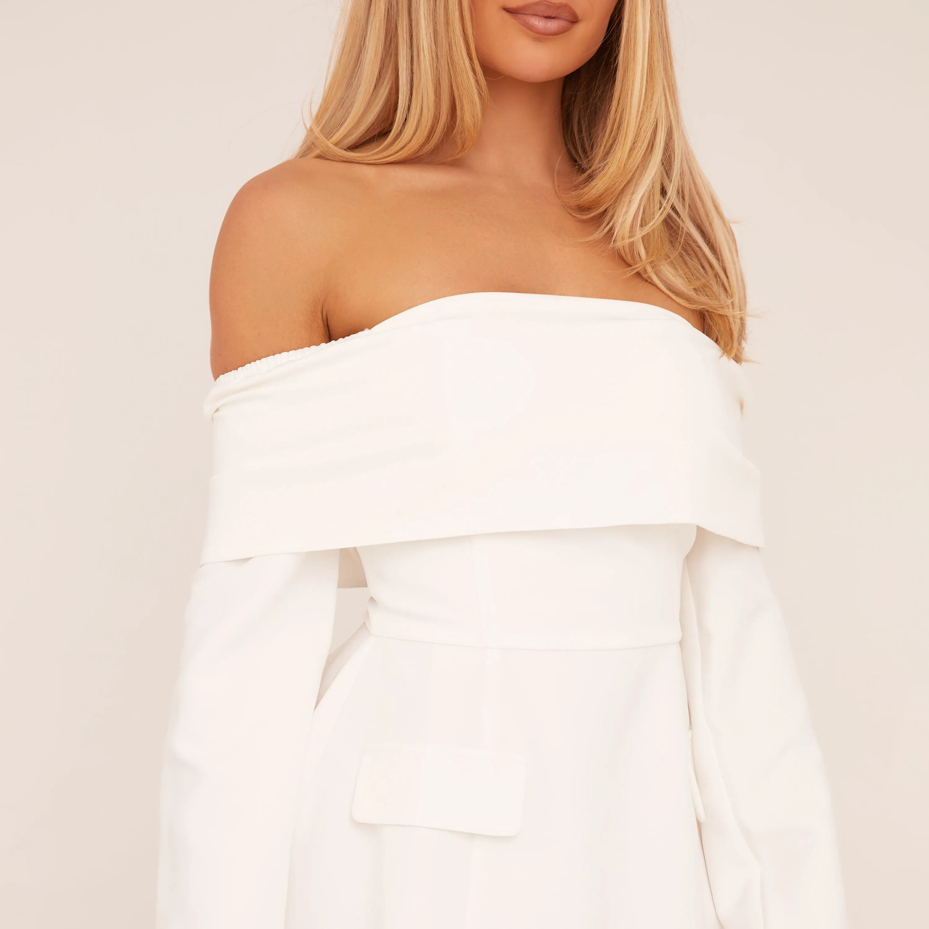 Fold Over Bardot Tailored Mini Dress In White