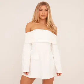 Fold Over Bardot Tailored Mini Dress In White