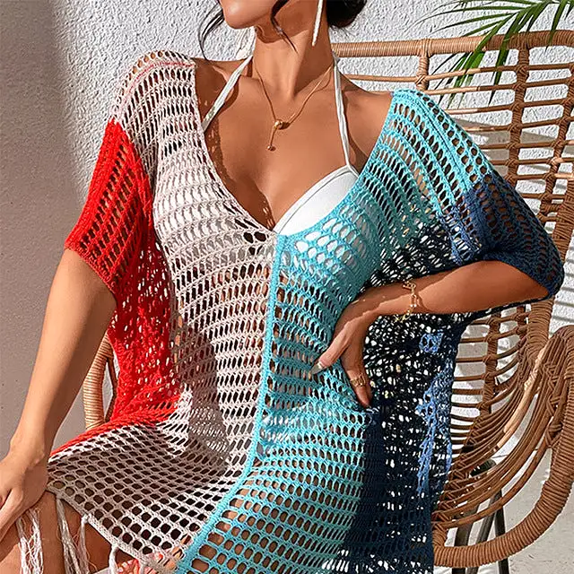 Fringe Beach Dress Summer Women Cover Up on The Sea Bikini Tunic Knitted Robe De Plage with Tassel 2022 V-neck  Coverup