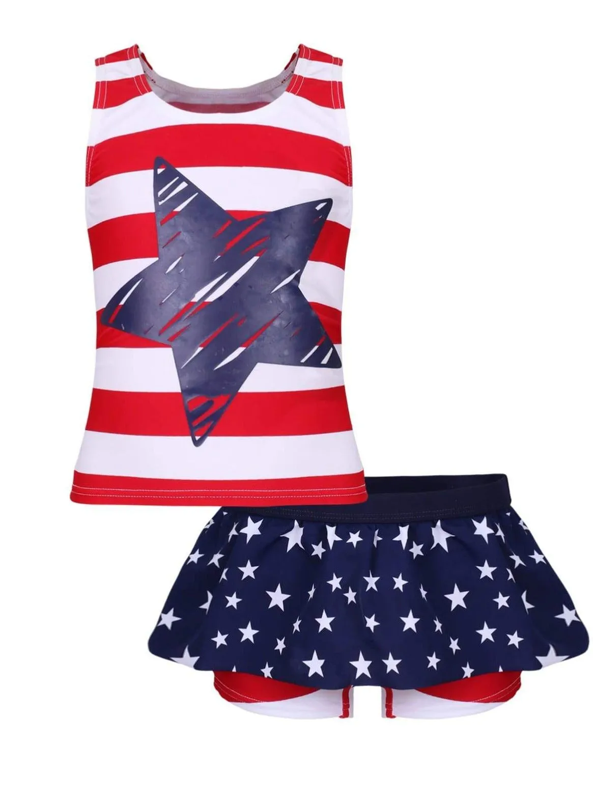 Girls Striped Star Print Skirted Shorts Two Piece Swimsuit