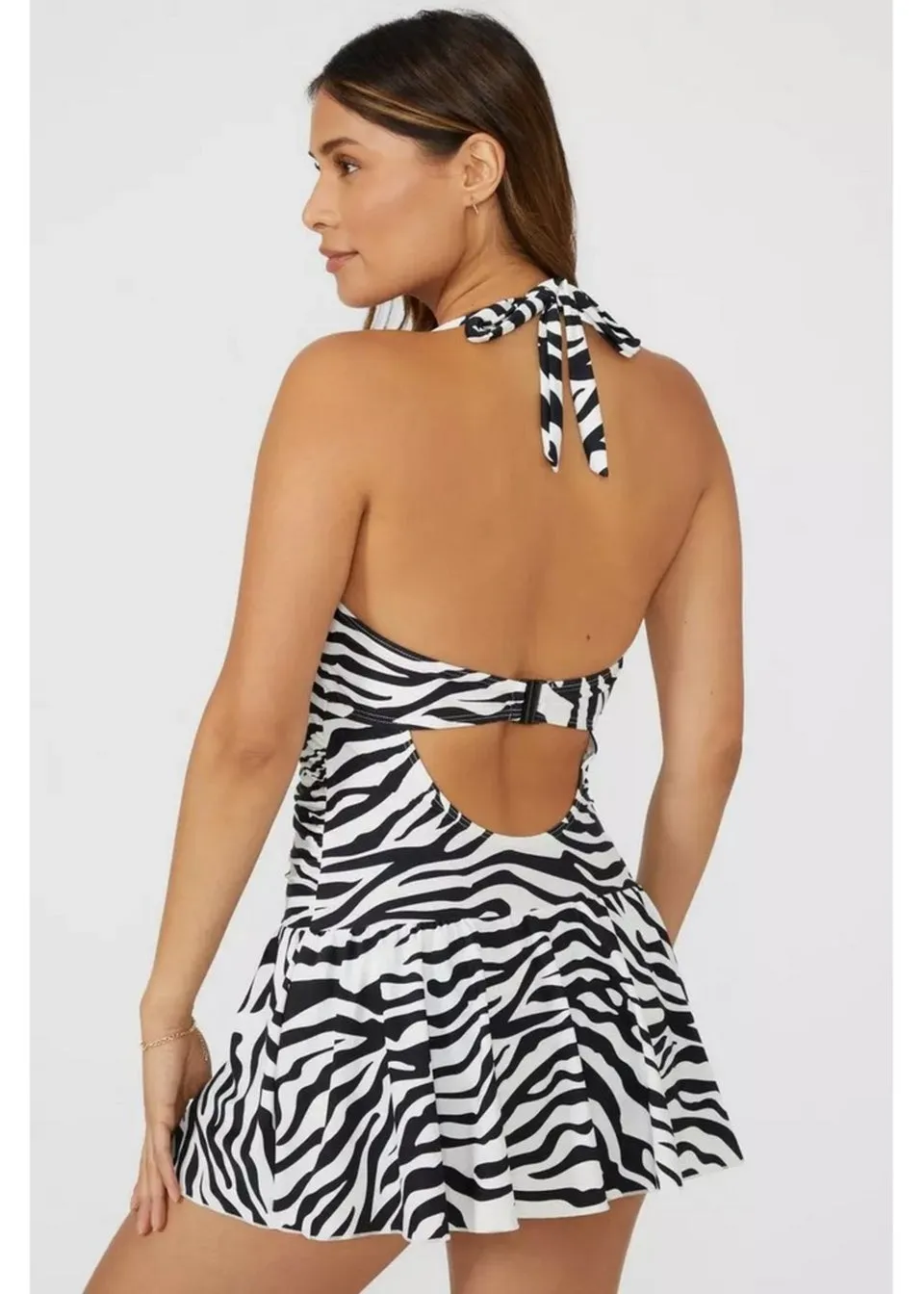 Gorgeous Black/White Zebra Print Skirted One Piece Swimsuit