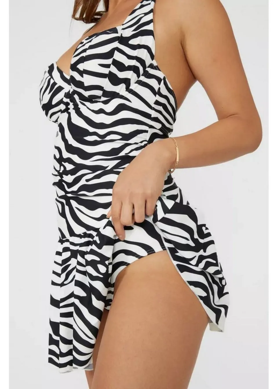 Gorgeous Black/White Zebra Print Skirted One Piece Swimsuit