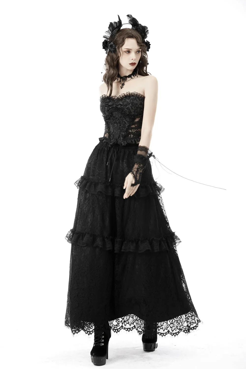 Gothic Sexy Lace-Up Black Lace Corset With Ruffles