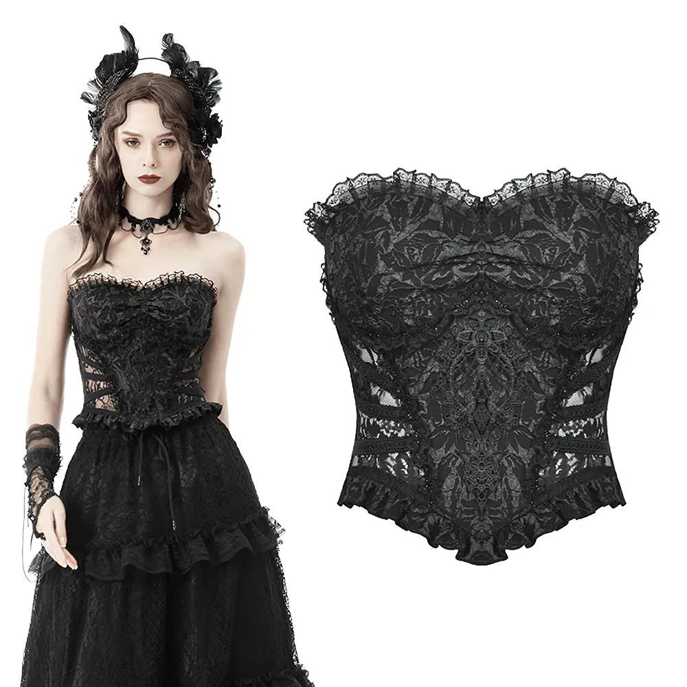 Gothic Sexy Lace-Up Black Lace Corset With Ruffles